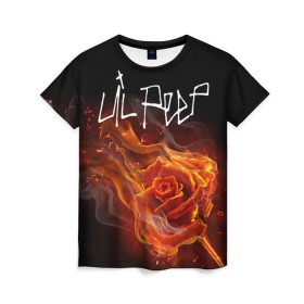Женская футболка 3D с принтом Надпись LiL PEEP в Екатеринбурге, 100% полиэфир ( синтетическое хлопкоподобное полотно) | прямой крой, круглый вырез горловины, длина до линии бедер | lil peep | лил пип | огонь | роза