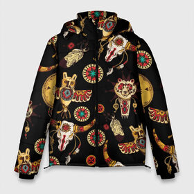 Мужская зимняя куртка 3D с принтом Индейский орнамент в Екатеринбурге, верх — 100% полиэстер; подкладка — 100% полиэстер; утеплитель — 100% полиэстер | длина ниже бедра, свободный силуэт Оверсайз. Есть воротник-стойка, отстегивающийся капюшон и ветрозащитная планка. 

Боковые карманы с листочкой на кнопках и внутренний карман на молнии. | Тематика изображения на принте: amulets | bulls | feathers | indian ornament | masks | owls | patterns | skulls | tambourines | амулеты | бубны | быки | индейский орнамент | маски | перья | совы | узоры | черепа