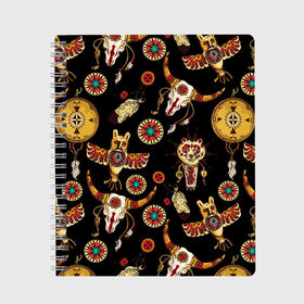 Тетрадь с принтом Индейский орнамент в Екатеринбурге, 100% бумага | 48 листов, плотность листов — 60 г/м2, плотность картонной обложки — 250 г/м2. Листы скреплены сбоку удобной пружинной спиралью. Уголки страниц и обложки скругленные. Цвет линий — светло-серый
 | amulets | bulls | feathers | indian ornament | masks | owls | patterns | skulls | tambourines | амулеты | бубны | быки | индейский орнамент | маски | перья | совы | узоры | черепа