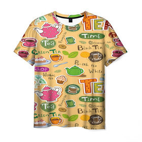 Мужская футболка 3D с принтом Tea bombing в Екатеринбурге, 100% полиэфир | прямой крой, круглый вырез горловины, длина до линии бедер | char | tea | tea party | еда | конфеты | лимон | напиток | печенье | сладости | тортики | чай | чашка