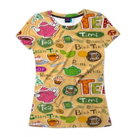 Женская футболка 3D с принтом Tea bombing в Екатеринбурге, 100% полиэфир ( синтетическое хлопкоподобное полотно) | прямой крой, круглый вырез горловины, длина до линии бедер | char | tea | tea party | еда | конфеты | лимон | напиток | печенье | сладости | тортики | чай | чашка