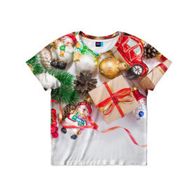 Детская футболка 3D с принтом Наш веселый Новый год в Екатеринбурге, 100% гипоаллергенный полиэфир | прямой крой, круглый вырез горловины, длина до линии бедер, чуть спущенное плечо, ткань немного тянется | Тематика изображения на принте: елка | зима | мороз | новый год | снег | снежинки
