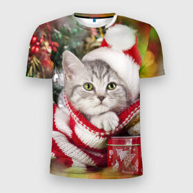 Мужская футболка 3D спортивная с принтом Новогодний котик в Екатеринбурге, 100% полиэстер с улучшенными характеристиками | приталенный силуэт, круглая горловина, широкие плечи, сужается к линии бедра | Тематика изображения на принте: елка | зима | кот | котейка | кошка | мороз | новый год | снег