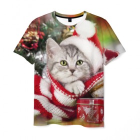 Мужская футболка 3D с принтом Новогодний котик в Екатеринбурге, 100% полиэфир | прямой крой, круглый вырез горловины, длина до линии бедер | елка | зима | кот | котейка | кошка | мороз | новый год | снег