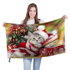 Флаг 3D с принтом Новогодний котик в Екатеринбурге, 100% полиэстер | плотность ткани — 95 г/м2, размер — 67 х 109 см. Принт наносится с одной стороны | елка | зима | кот | котейка | кошка | мороз | новый год | снег