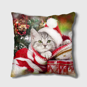 Подушка 3D с принтом Новогодний котик в Екатеринбурге, наволочка – 100% полиэстер, наполнитель – холлофайбер (легкий наполнитель, не вызывает аллергию). | состоит из подушки и наволочки. Наволочка на молнии, легко снимается для стирки | елка | зима | кот | котейка | кошка | мороз | новый год | снег