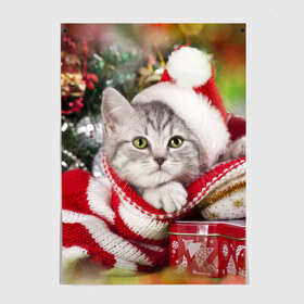 Постер с принтом Новогодний котик в Екатеринбурге, 100% бумага
 | бумага, плотность 150 мг. Матовая, но за счет высокого коэффициента гладкости имеет небольшой блеск и дает на свету блики, но в отличии от глянцевой бумаги не покрыта лаком | елка | зима | кот | котейка | кошка | мороз | новый год | снег