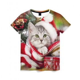 Женская футболка 3D с принтом Новогодний котик в Екатеринбурге, 100% полиэфир ( синтетическое хлопкоподобное полотно) | прямой крой, круглый вырез горловины, длина до линии бедер | елка | зима | кот | котейка | кошка | мороз | новый год | снег