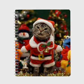 Тетрадь с принтом Прикольный Санта в Екатеринбурге, 100% бумага | 48 листов, плотность листов — 60 г/м2, плотность картонной обложки — 250 г/м2. Листы скреплены сбоку удобной пружинной спиралью. Уголки страниц и обложки скругленные. Цвет линий — светло-серый
 | Тематика изображения на принте: елка | зима | кот | котейка | кошка | мороз | новый год | снег | снежинки