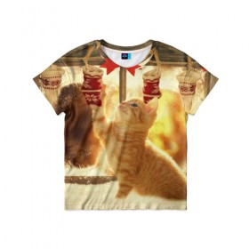Детская футболка 3D с принтом Сюрпризы от Деда Мороза в Екатеринбурге, 100% гипоаллергенный полиэфир | прямой крой, круглый вырез горловины, длина до линии бедер, чуть спущенное плечо, ткань немного тянется | елка | зима | кот | котейка | кошка | мороз | новый год | снег | снежинки