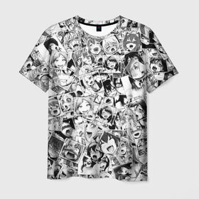 Мужская футболка 3D с принтом Ahegao в Екатеринбурге, 100% полиэфир | прямой крой, круглый вырез горловины, длина до линии бедер | Тематика изображения на принте: anime | аниме | лицо | паттрен | чернобелый