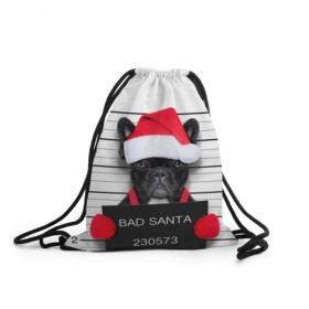 Рюкзак-мешок 3D с принтом Прикольный Санта в Екатеринбурге, 100% полиэстер | плотность ткани — 200 г/м2, размер — 35 х 45 см; лямки — толстые шнурки, застежка на шнуровке, без карманов и подкладки | елка | зима | мороз | новый год | снег | снежинки | собака