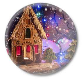Значок с принтом Мастерская Деда Мороза в Екатеринбурге,  металл | круглая форма, металлическая застежка в виде булавки | Тематика изображения на принте: елка | зима | мороз | новый год | символ | снег | снежинки