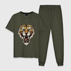 Мужская пижама хлопок с принтом Тигр тигр тигрррррррр в Екатеринбурге, 100% хлопок | брюки и футболка прямого кроя, без карманов, на брюках мягкая резинка на поясе и по низу штанин
 | оскал | тигр