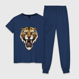 Женская пижама хлопок с принтом Тигр тигр тигрррррррр в Екатеринбурге, 100% хлопок | брюки и футболка прямого кроя, без карманов, на брюках мягкая резинка на поясе и по низу штанин | оскал | тигр