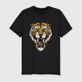 Мужская футболка премиум с принтом Тигр тигр тигрррррррр в Екатеринбурге, 92% хлопок, 8% лайкра | приталенный силуэт, круглый вырез ворота, длина до линии бедра, короткий рукав | оскал | тигр