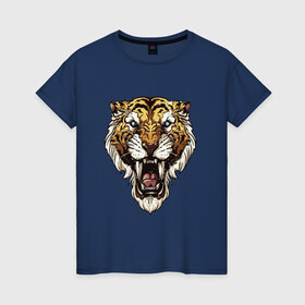 Женская футболка хлопок с принтом Тигр тигр тигрррррррр в Екатеринбурге, 100% хлопок | прямой крой, круглый вырез горловины, длина до линии бедер, слегка спущенное плечо | оскал | тигр
