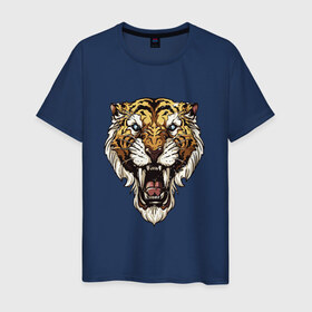 Мужская футболка хлопок с принтом Тигр тигр тигрррррррр в Екатеринбурге, 100% хлопок | прямой крой, круглый вырез горловины, длина до линии бедер, слегка спущенное плечо. | Тематика изображения на принте: оскал | тигр