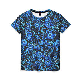 Женская футболка 3D с принтом Красивая гжель в Екатеринбурге, 100% полиэфир ( синтетическое хлопкоподобное полотно) | прямой крой, круглый вырез горловины, длина до линии бедер | гжель | роспись