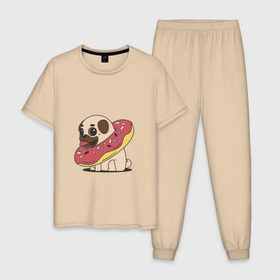 Мужская пижама хлопок с принтом Мопс пончик в Екатеринбурге, 100% хлопок | брюки и футболка прямого кроя, без карманов, на брюках мягкая резинка на поясе и по низу штанин
 | мопс | новый год | пончик