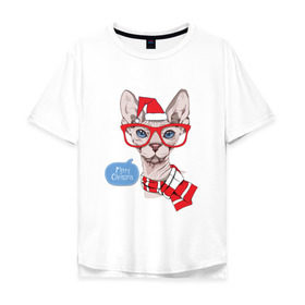 Мужская футболка хлопок Oversize с принтом Рождественский сфинкс в Екатеринбурге, 100% хлопок | свободный крой, круглый ворот, “спинка” длиннее передней части | киса домашние животные | кот | котик | котики | коты | кошка | кошки