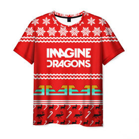 Мужская футболка 3D с принтом Праздничный Imagine Dragons в Екатеринбурге, 100% полиэфир | прямой крой, круглый вырез горловины, длина до линии бедер | dragons | imagine | альтернативный | американская | арена | бэн макки | группа | драгонс | дэн | дэн рейнольдс | знак | имеджин | инди | индирок | красный | надпись | новогодний | новый год | поп | праздник