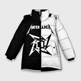 Зимняя куртка для девочек 3D с принтом Metallica в Екатеринбурге, ткань верха — 100% полиэстер; подклад — 100% полиэстер, утеплитель — 100% полиэстер. | длина ниже бедра, удлиненная спинка, воротник стойка и отстегивающийся капюшон. Есть боковые карманы с листочкой на кнопках, утяжки по низу изделия и внутренний карман на молнии. 

Предусмотрены светоотражающий принт на спинке, радужный светоотражающий элемент на пуллере молнии и на резинке для утяжки. | metallica | группа | джеймс хэтфилд | кирк хэмметт | ларс ульрих | метал | металика | металлика | миталика | музыка | роберт трухильо | рок | трэш | трэшметал | хард | хардрок | хеви | хевиметал