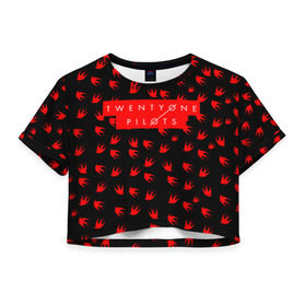 Женская футболка 3D укороченная с принтом Twenty One Pilots Birds Red в Екатеринбурге, 100% полиэстер | круглая горловина, длина футболки до линии талии, рукава с отворотами | rock | t.o.p. | top | twenty one pilots | рок