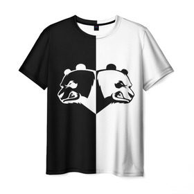 Мужская футболка 3D с принтом Панда в Екатеринбурге, 100% полиэфир | прямой крой, круглый вырез горловины, длина до линии бедер | бамбук | бамбуковый медведь | белый | голова | два | животное | злость | красная книга | крутой | мишка | оскал | панда | прикольный | тату | цвета | чб | черный | ярость