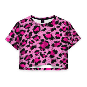 Женская футболка 3D укороченная с принтом Розовый леопард в Екатеринбурге, 100% полиэстер | круглая горловина, длина футболки до линии талии, рукава с отворотами | Тематика изображения на принте: гепард | леопард