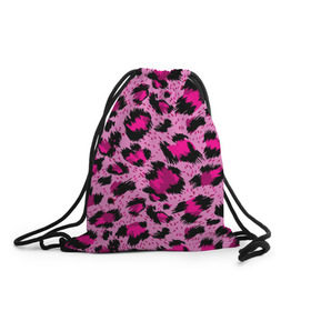 Рюкзак-мешок 3D с принтом Розовый леопард в Екатеринбурге, 100% полиэстер | плотность ткани — 200 г/м2, размер — 35 х 45 см; лямки — толстые шнурки, застежка на шнуровке, без карманов и подкладки | Тематика изображения на принте: гепард | леопард