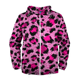 Мужская ветровка 3D с принтом Розовый леопард в Екатеринбурге, 100% полиэстер | подол и капюшон оформлены резинкой с фиксаторами, два кармана без застежек по бокам, один потайной карман на груди | Тематика изображения на принте: гепард | леопард