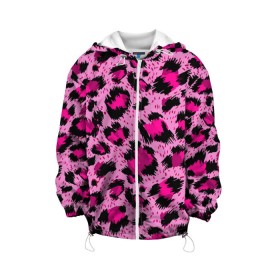 Детская куртка 3D с принтом Розовый леопард в Екатеринбурге, 100% полиэстер | застежка — молния, подол и капюшон оформлены резинкой с фиксаторами, по бокам — два кармана без застежек, один потайной карман на груди, плотность верхнего слоя — 90 г/м2; плотность флисового подклада — 260 г/м2 | Тематика изображения на принте: гепард | леопард