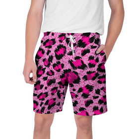 Мужские шорты 3D с принтом Розовый леопард в Екатеринбурге,  полиэстер 100% | прямой крой, два кармана без застежек по бокам. Мягкая трикотажная резинка на поясе, внутри которой широкие завязки. Длина чуть выше колен | гепард | леопард