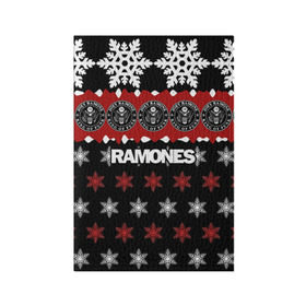 Обложка для паспорта матовая кожа с принтом Праздничный Ramones в Екатеринбурге, натуральная матовая кожа | размер 19,3 х 13,7 см; прозрачные пластиковые крепления | ramones | группа | джонни | джоуи | ди ди томми | знак | красный | марк | надпись | новогодний | новый год | панк | поп | праздник | раманес | раманэс | рамон | рамонес | рамонэс | рамоун | рамоунз | рамоунс