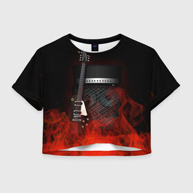 Женская футболка 3D укороченная с принтом Rock в Екатеринбурге, 100% полиэстер | круглая горловина, длина футболки до линии талии, рукава с отворотами | fire | flame | guitar | metal | music | rock | sound | гитара | метал | металл | музыка | огонь | пламя | рок