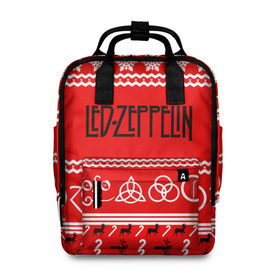 Женский рюкзак 3D с принтом Праздничный Led Zeppelin в Екатеринбурге, 100% полиэстер | лямки с регулируемой длиной, сверху ручки, чтобы рюкзак нести как сумку. Основное отделение закрывается на молнию, как и внешний карман. Внутри два дополнительных кармана, один из которых закрывается на молнию. По бокам два дополнительных кармашка, куда поместится маленькая бутылочка
 | Тематика изображения на принте: led zeppelin | блюз | группа | джимми пейдж | джон генри бонэм | джон пол джонс | знак | красный | лед зепелен | лед зеппелин | метал | надпись | новогодний | новый год | праздник | роберт плант | рождество