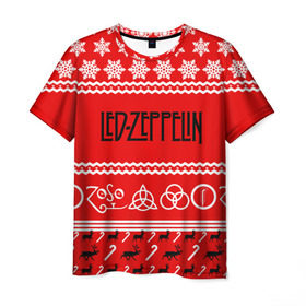Мужская футболка 3D с принтом Праздничный Led Zeppelin в Екатеринбурге, 100% полиэфир | прямой крой, круглый вырез горловины, длина до линии бедер | led zeppelin | блюз | группа | джимми пейдж | джон генри бонэм | джон пол джонс | знак | красный | лед зепелен | лед зеппелин | метал | надпись | новогодний | новый год | праздник | роберт плант | рождество