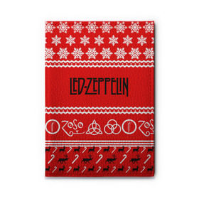 Обложка для автодокументов с принтом Праздничный Led Zeppelin в Екатеринбурге, натуральная кожа |  размер 19,9*13 см; внутри 4 больших “конверта” для документов и один маленький отдел — туда идеально встанут права | Тематика изображения на принте: led zeppelin | блюз | группа | джимми пейдж | джон генри бонэм | джон пол джонс | знак | красный | лед зепелен | лед зеппелин | метал | надпись | новогодний | новый год | праздник | роберт плант | рождество