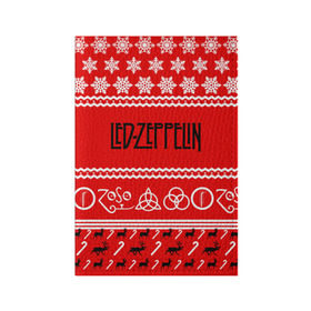 Обложка для паспорта матовая кожа с принтом Праздничный Led Zeppelin в Екатеринбурге, натуральная матовая кожа | размер 19,3 х 13,7 см; прозрачные пластиковые крепления | led zeppelin | блюз | группа | джимми пейдж | джон генри бонэм | джон пол джонс | знак | красный | лед зепелен | лед зеппелин | метал | надпись | новогодний | новый год | праздник | роберт плант | рождество