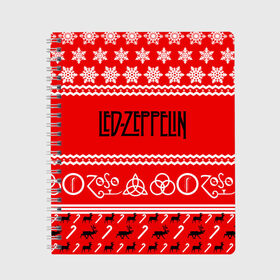 Тетрадь с принтом Праздничный Led Zeppelin в Екатеринбурге, 100% бумага | 48 листов, плотность листов — 60 г/м2, плотность картонной обложки — 250 г/м2. Листы скреплены сбоку удобной пружинной спиралью. Уголки страниц и обложки скругленные. Цвет линий — светло-серый
 | led zeppelin | блюз | группа | джимми пейдж | джон генри бонэм | джон пол джонс | знак | красный | лед зепелен | лед зеппелин | метал | надпись | новогодний | новый год | праздник | роберт плант | рождество