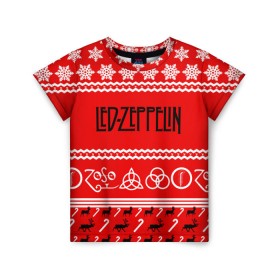 Детская футболка 3D с принтом Праздничный Led Zeppelin в Екатеринбурге, 100% гипоаллергенный полиэфир | прямой крой, круглый вырез горловины, длина до линии бедер, чуть спущенное плечо, ткань немного тянется | Тематика изображения на принте: led zeppelin | блюз | группа | джимми пейдж | джон генри бонэм | джон пол джонс | знак | красный | лед зепелен | лед зеппелин | метал | надпись | новогодний | новый год | праздник | роберт плант | рождество