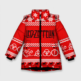 Зимняя куртка для девочек 3D с принтом Праздничный Led Zeppelin в Екатеринбурге, ткань верха — 100% полиэстер; подклад — 100% полиэстер, утеплитель — 100% полиэстер. | длина ниже бедра, удлиненная спинка, воротник стойка и отстегивающийся капюшон. Есть боковые карманы с листочкой на кнопках, утяжки по низу изделия и внутренний карман на молнии. 

Предусмотрены светоотражающий принт на спинке, радужный светоотражающий элемент на пуллере молнии и на резинке для утяжки. | led zeppelin | блюз | группа | джимми пейдж | джон генри бонэм | джон пол джонс | знак | красный | лед зепелен | лед зеппелин | метал | надпись | новогодний | новый год | праздник | роберт плант | рождество