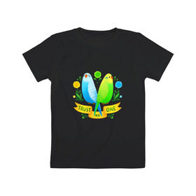Детская футболка хлопок с принтом Попугаи арт в Екатеринбурге, 100% хлопок | круглый вырез горловины, полуприлегающий силуэт, длина до линии бедер | волнистый попугай | джунгли | попугай