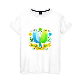 Женская футболка хлопок с принтом Попугаи арт в Екатеринбурге, 100% хлопок | прямой крой, круглый вырез горловины, длина до линии бедер, слегка спущенное плечо | волнистый попугай | джунгли | попугай