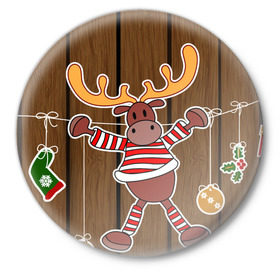 Значок с принтом Мастерская Деда Мороза в Екатеринбурге,  металл | круглая форма, металлическая застежка в виде булавки | зима | игрушки | лед | лось | олень | праздник | рога | снежинка | узор | украшения