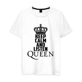 Мужская футболка хлопок с принтом Keep calm and listen Queen в Екатеринбурге, 100% хлопок | прямой крой, круглый вырез горловины, длина до линии бедер, слегка спущенное плечо. | Тематика изображения на принте: paul rodgers | queen | quen | брайан мэй | глэм | группа | джон дикон | квин | королева | куин | меркури | меркьюри | мэркури | поп | роджер тейлор | рок | фредди | фреди | хард | хардрок