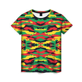 Женская футболка 3D с принтом Камуфляж в Екатеринбурге, 100% полиэфир ( синтетическое хлопкоподобное полотно) | прямой крой, круглый вырез горловины, длина до линии бедер | желтый | зеленый | камуфляж | красный | раста цвета