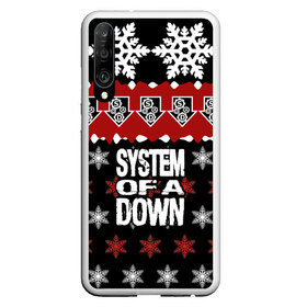 Чехол для Honor P30 с принтом Праздничный System of a Down в Екатеринбурге, Силикон | Область печати: задняя сторона чехла, без боковых панелей | Тематика изображения на принте: soad | soil | system of a down | группа | дав | дарон малакян | джон долмаян | знак | красный | надпись | новогодний | новый год | оф | праздник | рождество | рок | серж танкян | систем | снежинки | соад | сод | соэд