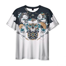 Мужская футболка 3D с принтом SKULL JAPAN в Екатеринбурге, 100% полиэфир | прямой крой, круглый вырез горловины, длина до линии бедер | Тематика изображения на принте: arrow | skull | белый | девушка | линии | маски.кот | модные | небо | облако | синий | скелет | стимпанк | стрелы | череп | яркие